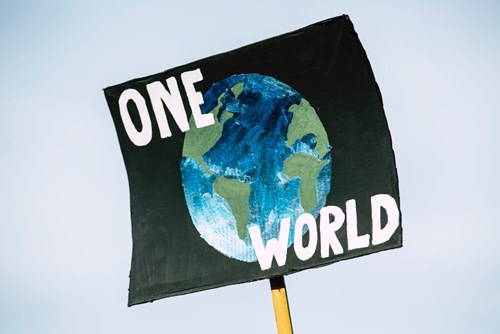 Protest sign reading "One world"