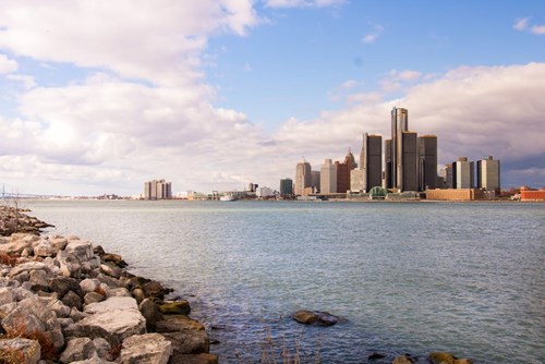Group of skyscrapers located along Detroit River