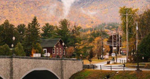 Small town with bridge during Fall